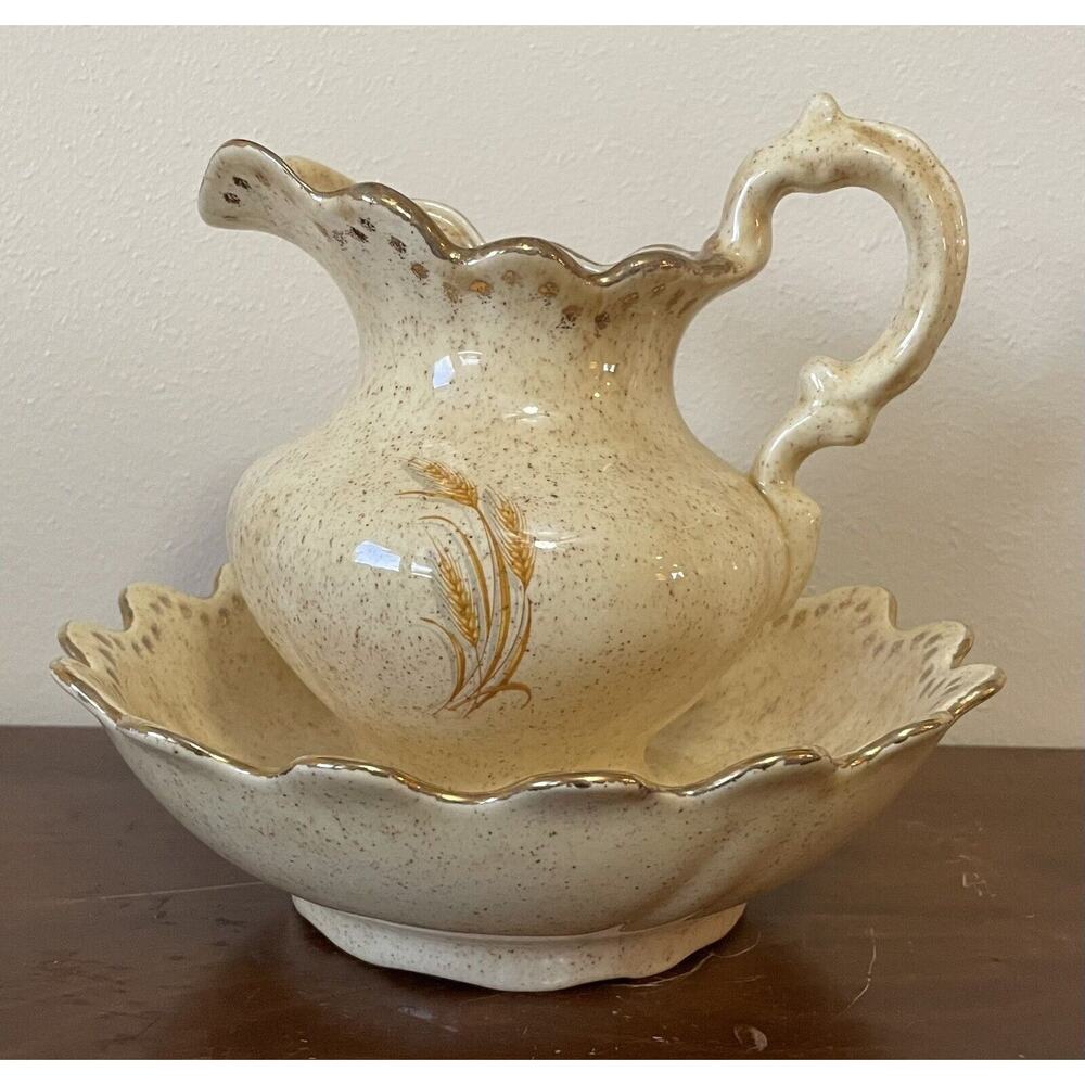Vintage Studio Art Pottery Cream Gold Trim Wheat Wash Pitcher & Basin Signed
